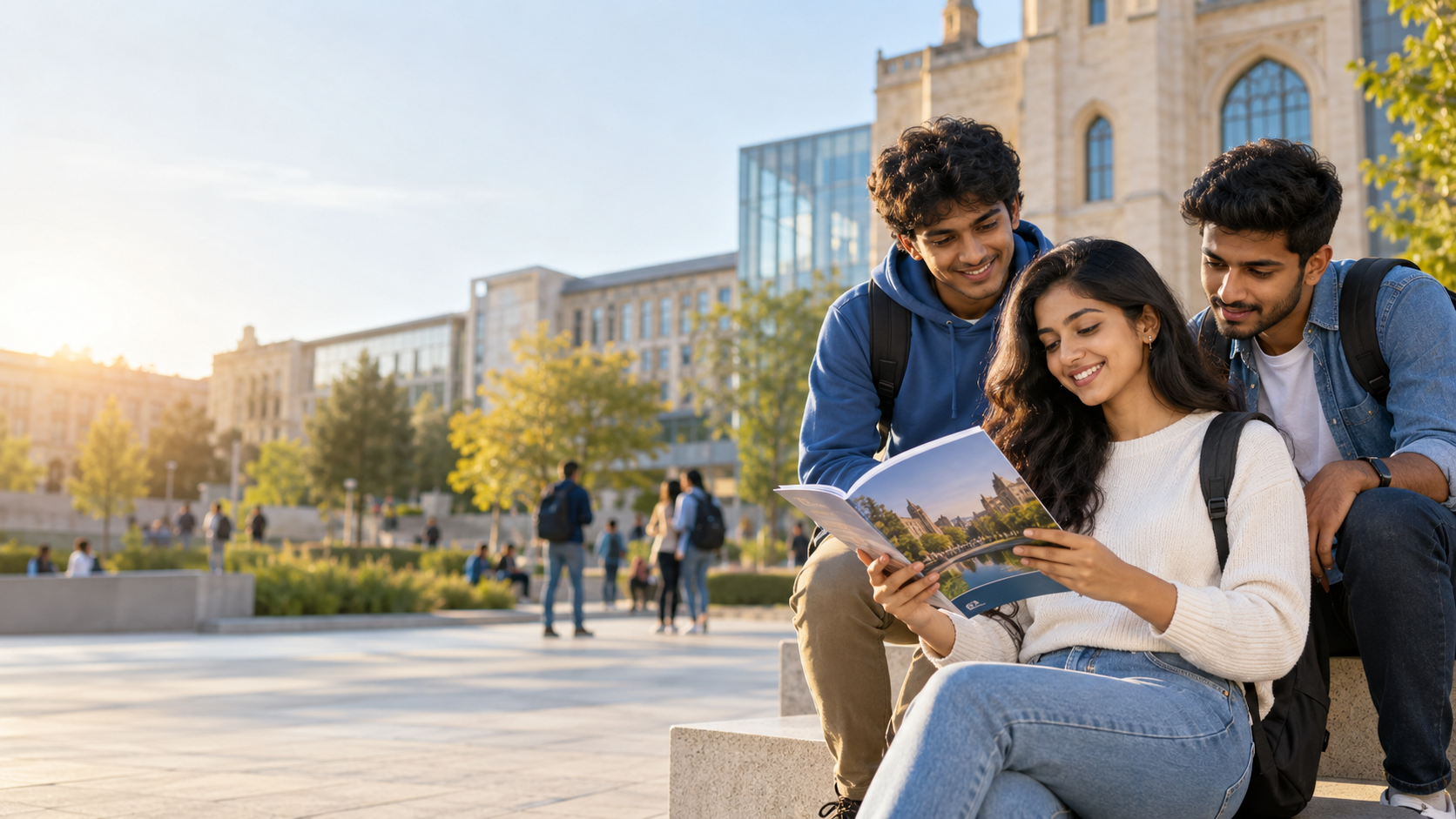 Students discussing their international education options on campus