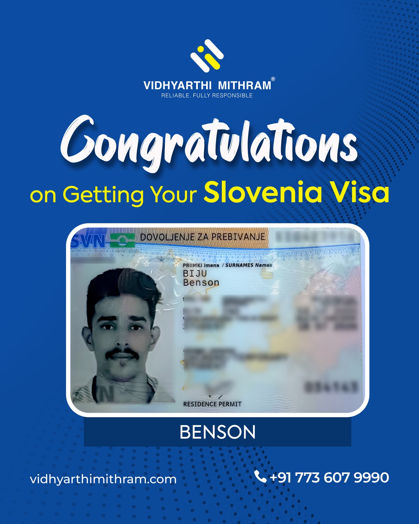 Original Vidhyarthi Mithram poster celebrating Benson’s Slovenia visa; document identifiers are blurred in the source