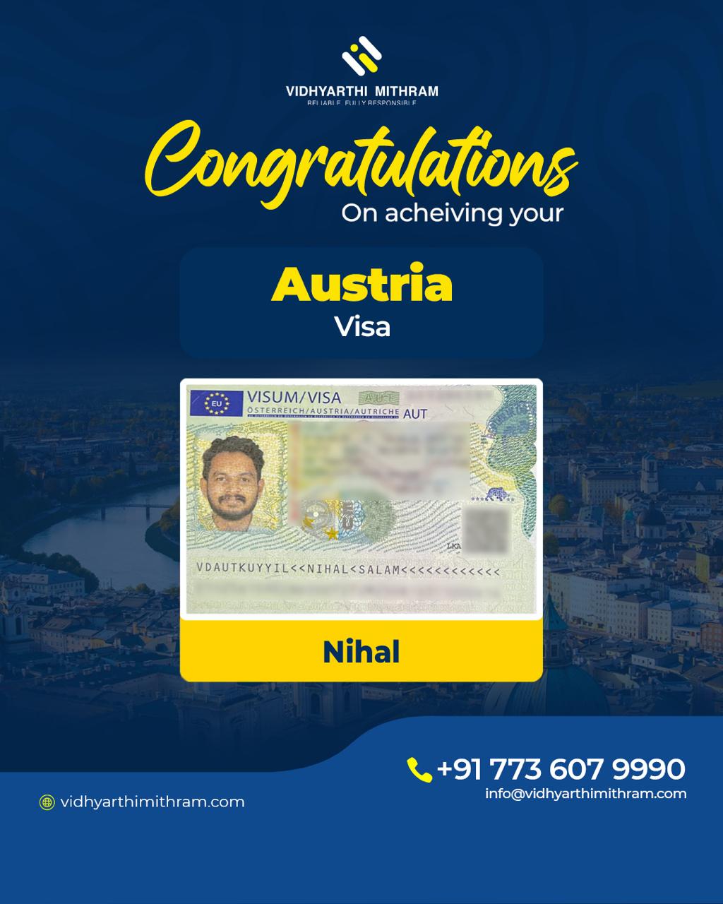 Original Vidhyarthi Mithram poster celebrating Nihal’s Austrian visa; document identifiers are blurred in the source